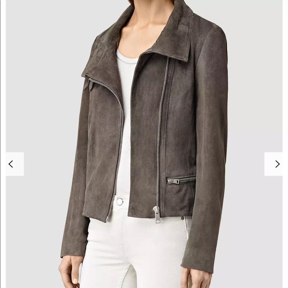 All Saints Gray Suede Moto Zip Jacket - Picture 2 of 7
